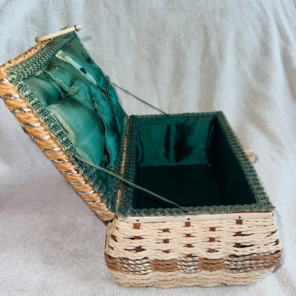 Vintage Braided Woven Wicker Sewing Basket Box Green Satin Lined Japan MCM